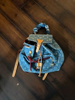 Louis Vuitton Blue Denim Monogram Drawstring Backpack with Tan Trim